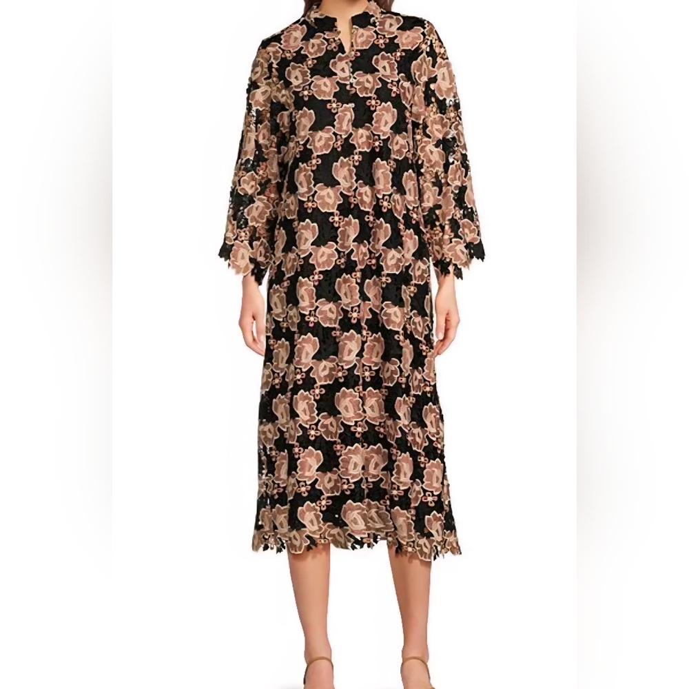 NWT J. Marie Talia Floral Lace Bell Sleeve Midi Dress: Black & Tan: XS